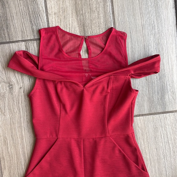BCBG Red Off the Shoulder Mesh Romper - Picture 3 of 5